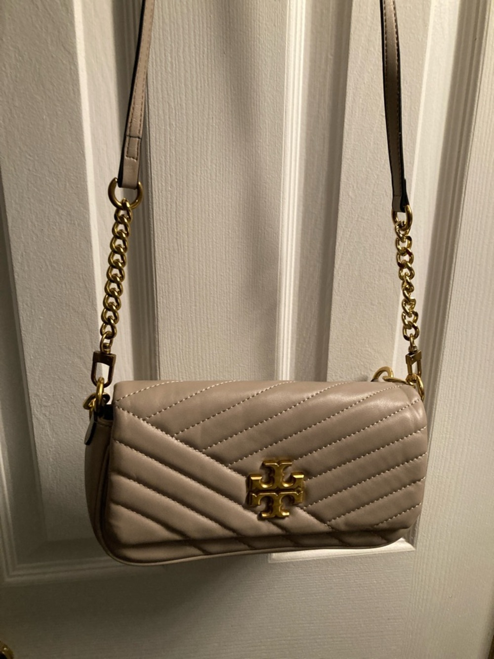 Tory Burch Taupe Quilted kira Crossbody with Gold Hardware